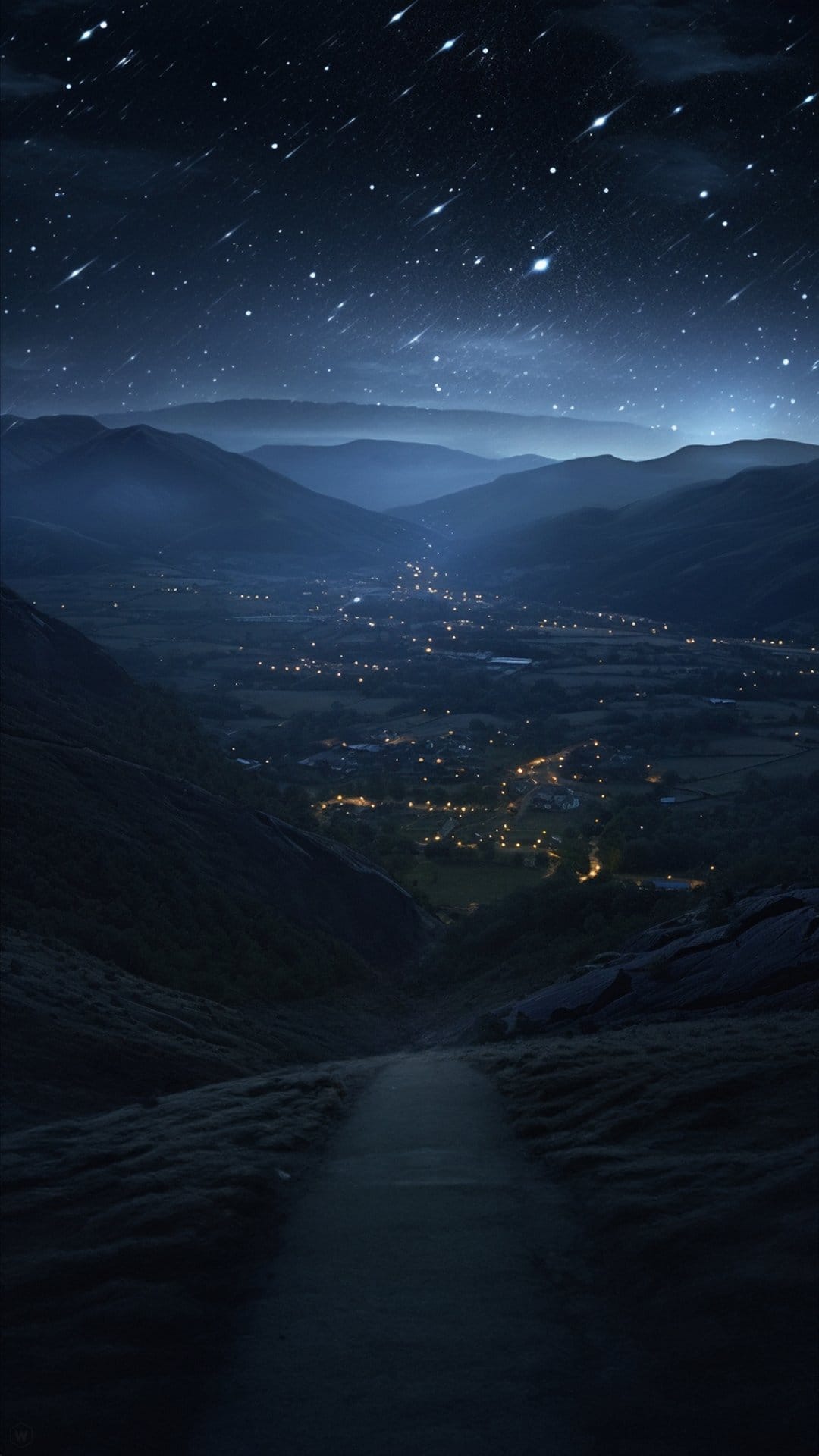 Winding mountain path leading to a glowing valley under a starry sky and meteors during a calm nocturnal evening.