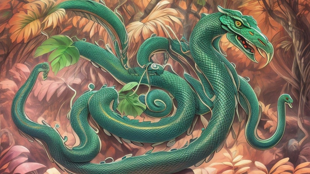Emerald green serpent with iridescent scales coils around exotic jungle leaves and vibrant tropical flowers.