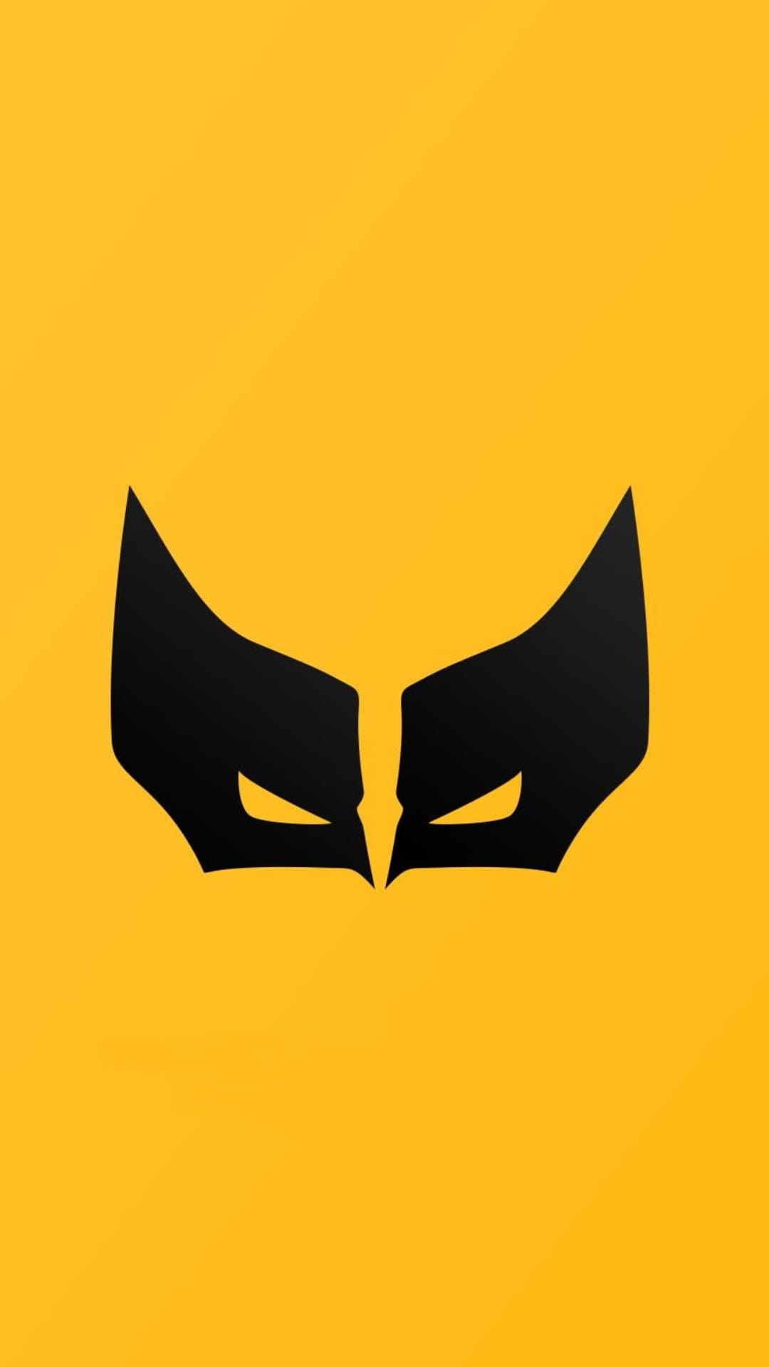 Wolverine mask silhouette featuring black pointed ears and white eyes centered on a flat yellow background.
