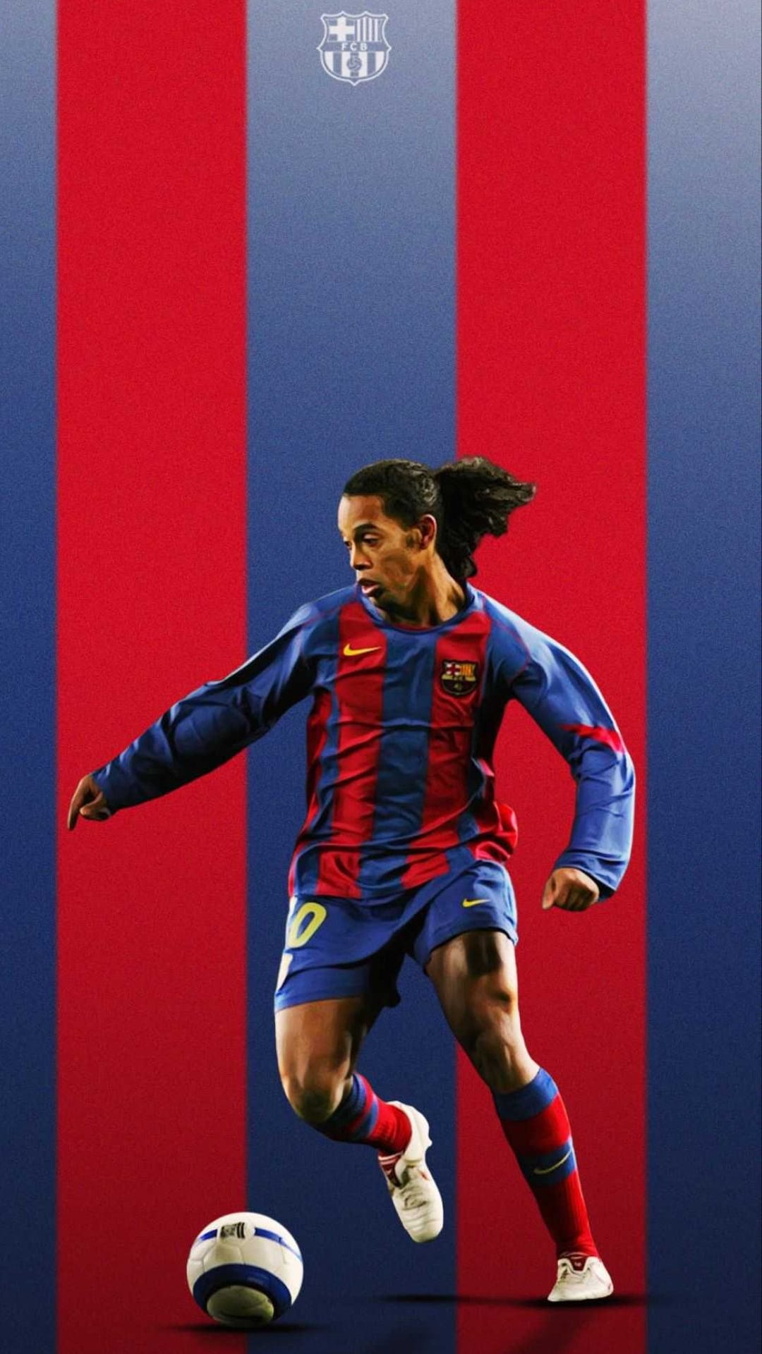 Ronaldinho dribbles a soccer ball in a red and blue striped Barcelona jersey against a blurred stadium backdrop.
