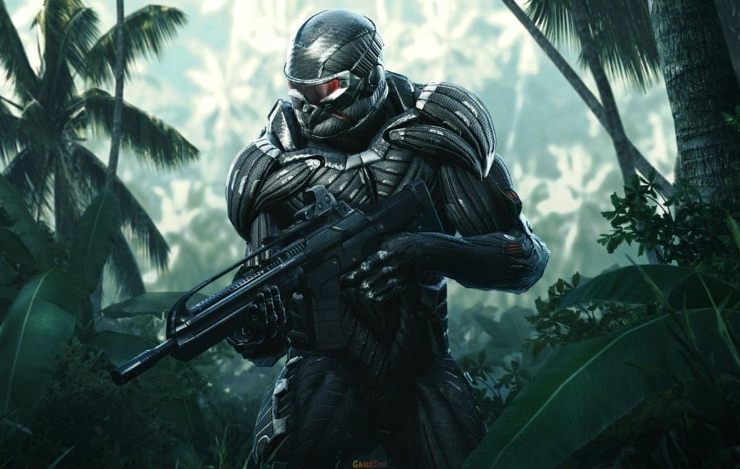 Soldier in a black muscle-fiber nanosuit holds an assault rifle in a lush tropical jungle with palm trees.