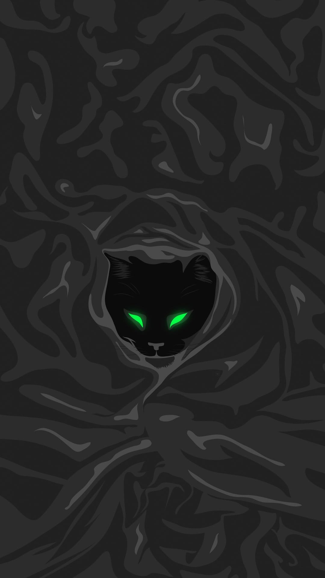 Black cat face with glowing neon green eyes emerges from a swirling dark gray and charcoal abstract background.