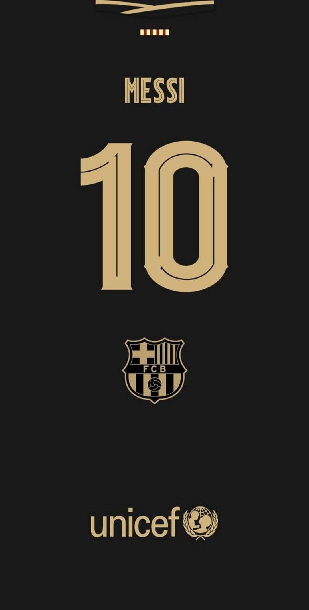 Lionel Messi name and number ten in gold typography with FC Barcelona crest on a solid black background.