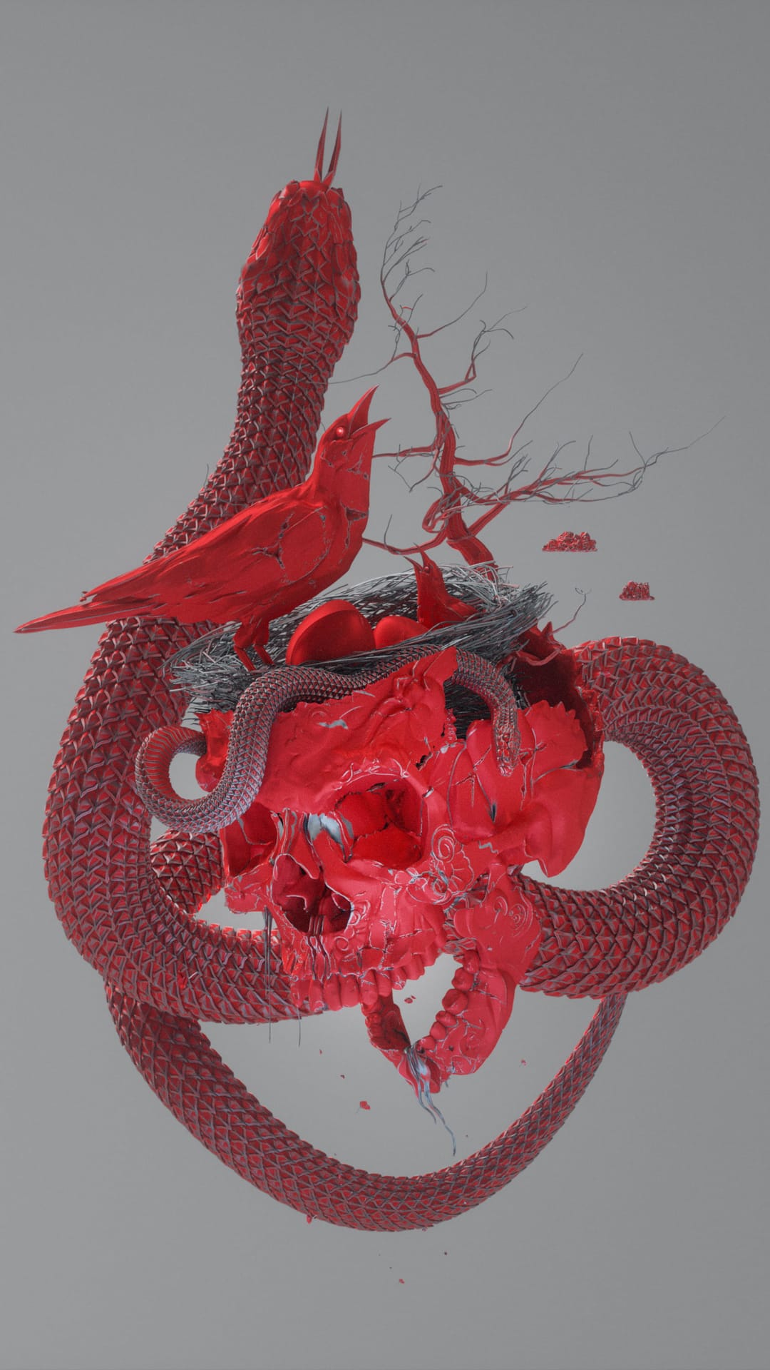 Red snake coiled around a cracked red skull near a bird nest with red eggs against a solid grey background.