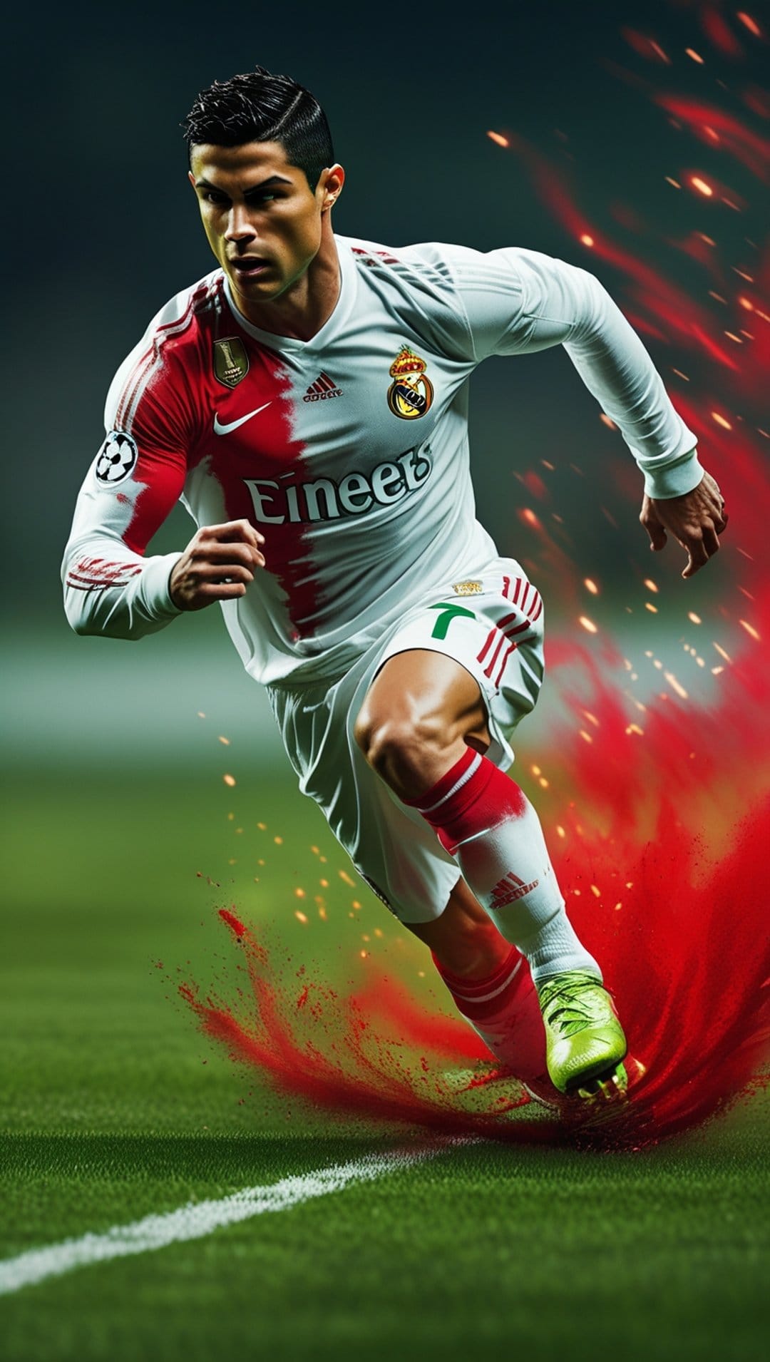 Cristiano Ronaldo sprints in a white jersey while red embers and dust swirl around his feet on a grass field.