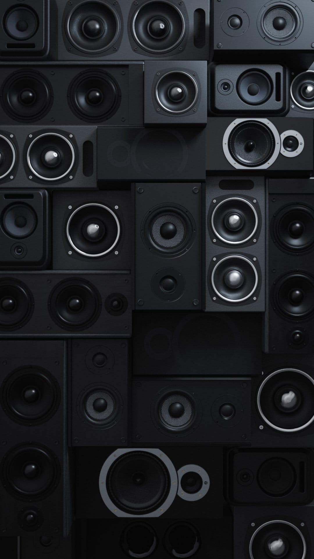 Black speaker grills and circular drivers are stacked in a textured, monochromatic vertical audio composition.