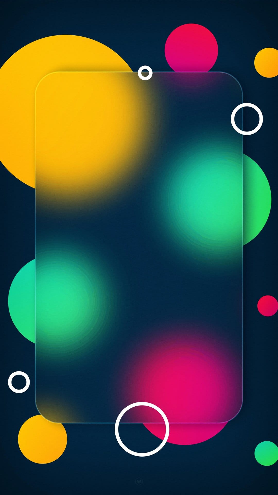 Yellow, pink, and green glowing rings overlap behind a translucent frosted glass rectangle on a navy backdrop.