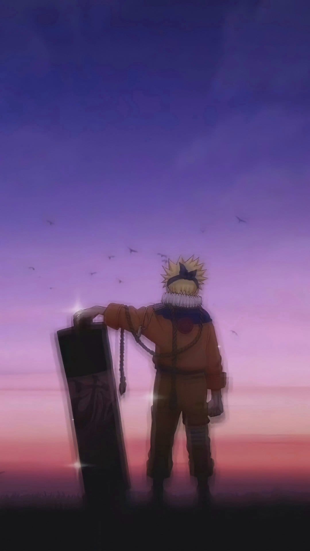 Naruto Uzumaki silhouette with a sword against a pink and purple sunset sky as birds fly in the distance.