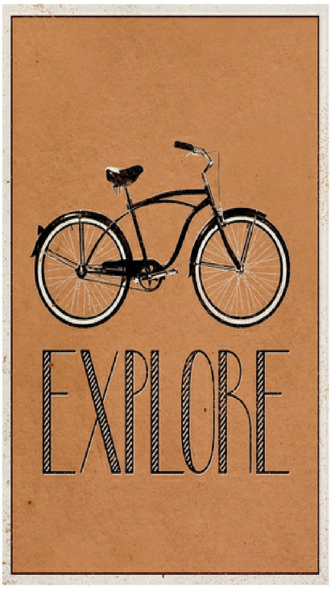 Cruiser bicycle silhouette above the word EXPLORE on a distressed brown textured background with a retro feel.