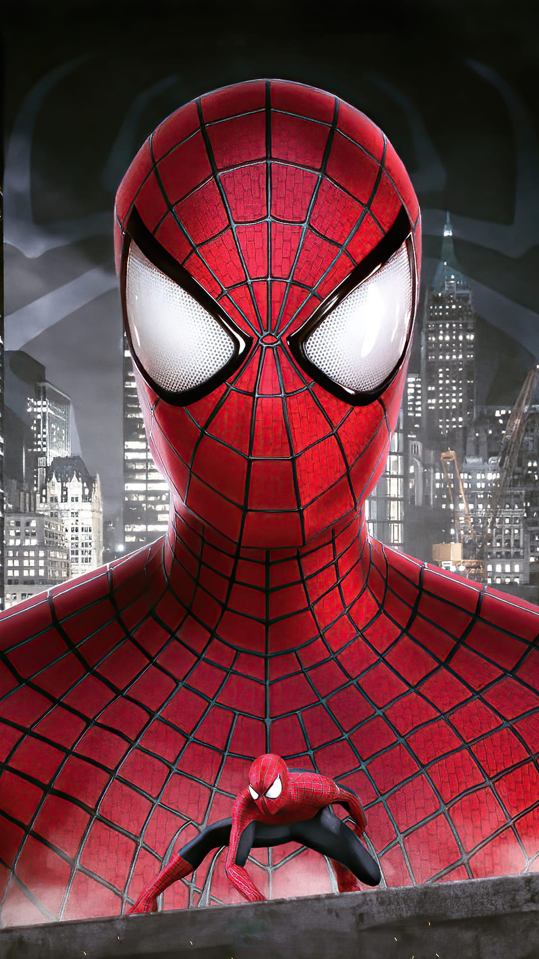 Spider-Man wearing a red and black suit with glowing eyes stands before a blurred New York City skyline at night.