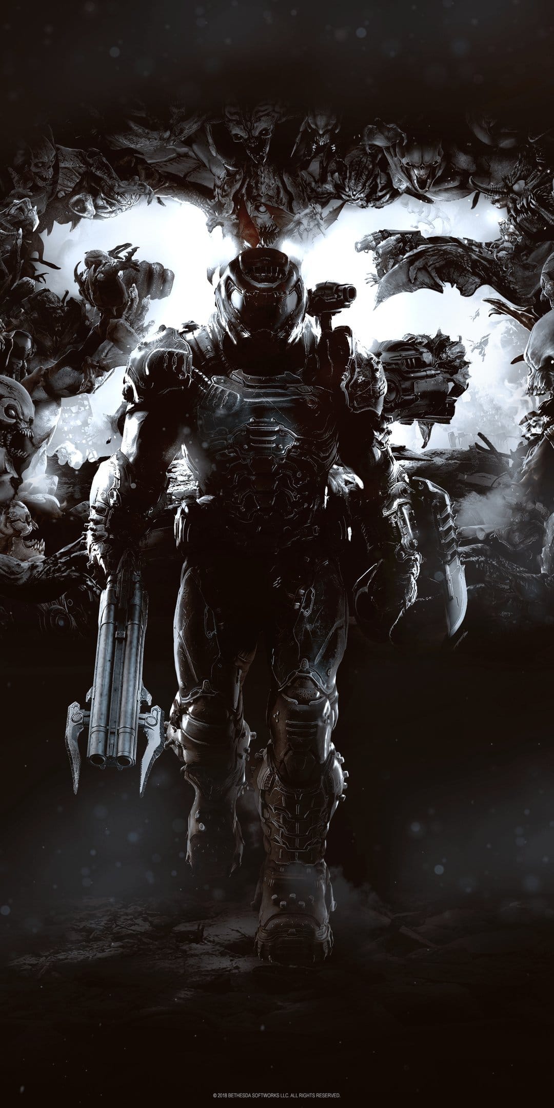 Doom Slayer walks forward holding a double-barrel shotgun surrounded by a dark swarm of demonic creatures.