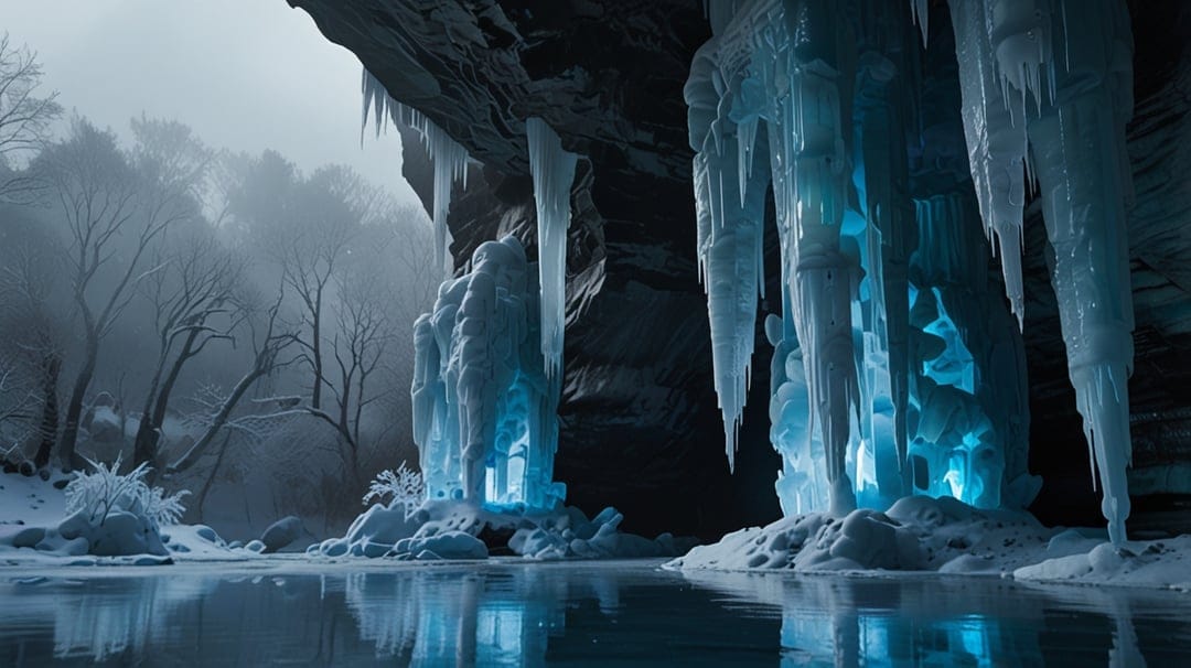 Sharp sapphire icicles and glowing frozen formations illuminate the dark interior of a subterranean ice cave.