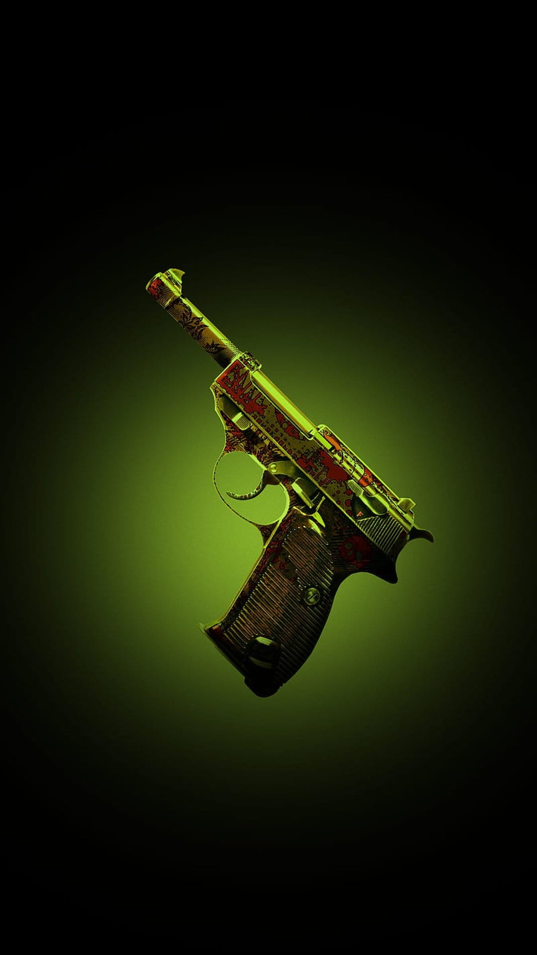 Engraved handgun with red and gold scrollwork rests under a green spotlight against a dark background.