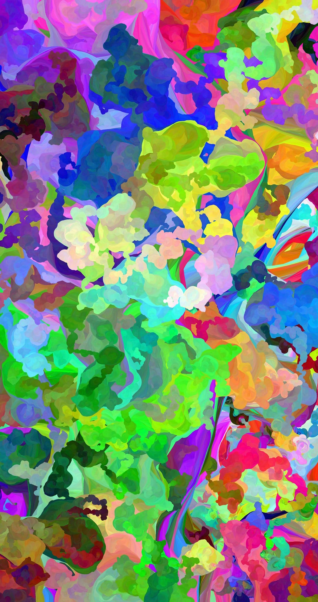 Neon green, pink, and blue floral swirls overlap in a dense, fluid psychedelic pattern with organic movement.