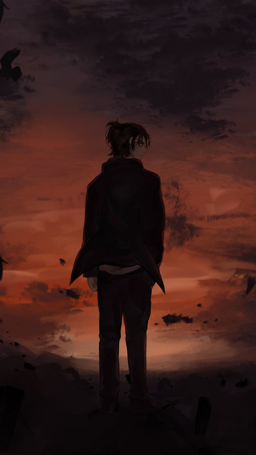 Eren Yeager from behind viewing a red sunset with dark clouds and floating debris in a desolate wasteland.