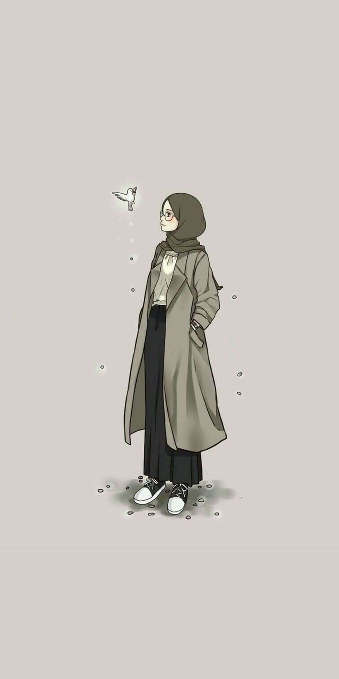 Woman in a hijab and trench coat watches a small bird in flight against a peaceful, muted minimalist background.