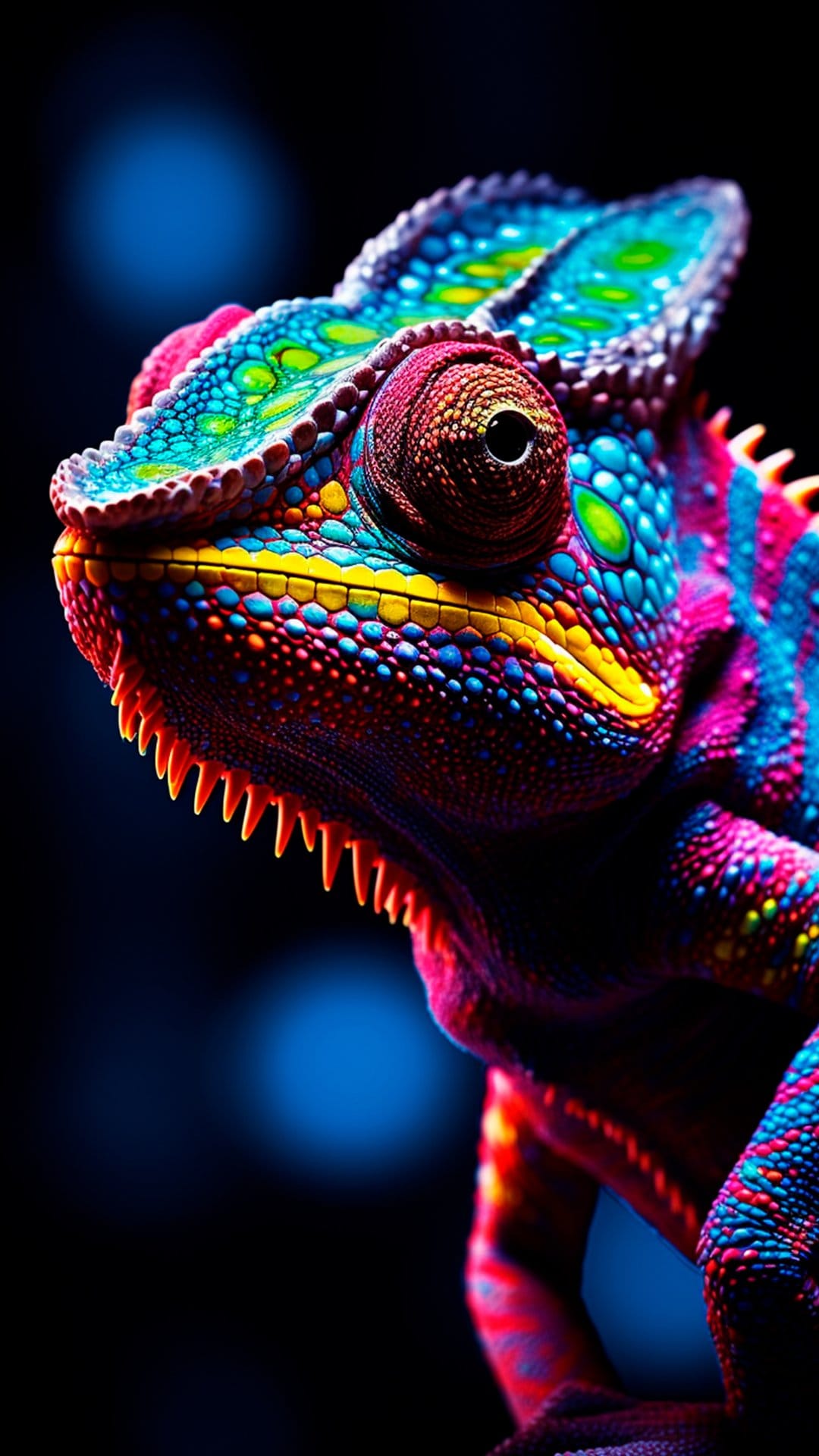Iridescent chameleon with pink and blue scales, a unique eye, and serrated jaw against soft blue bokeh light.