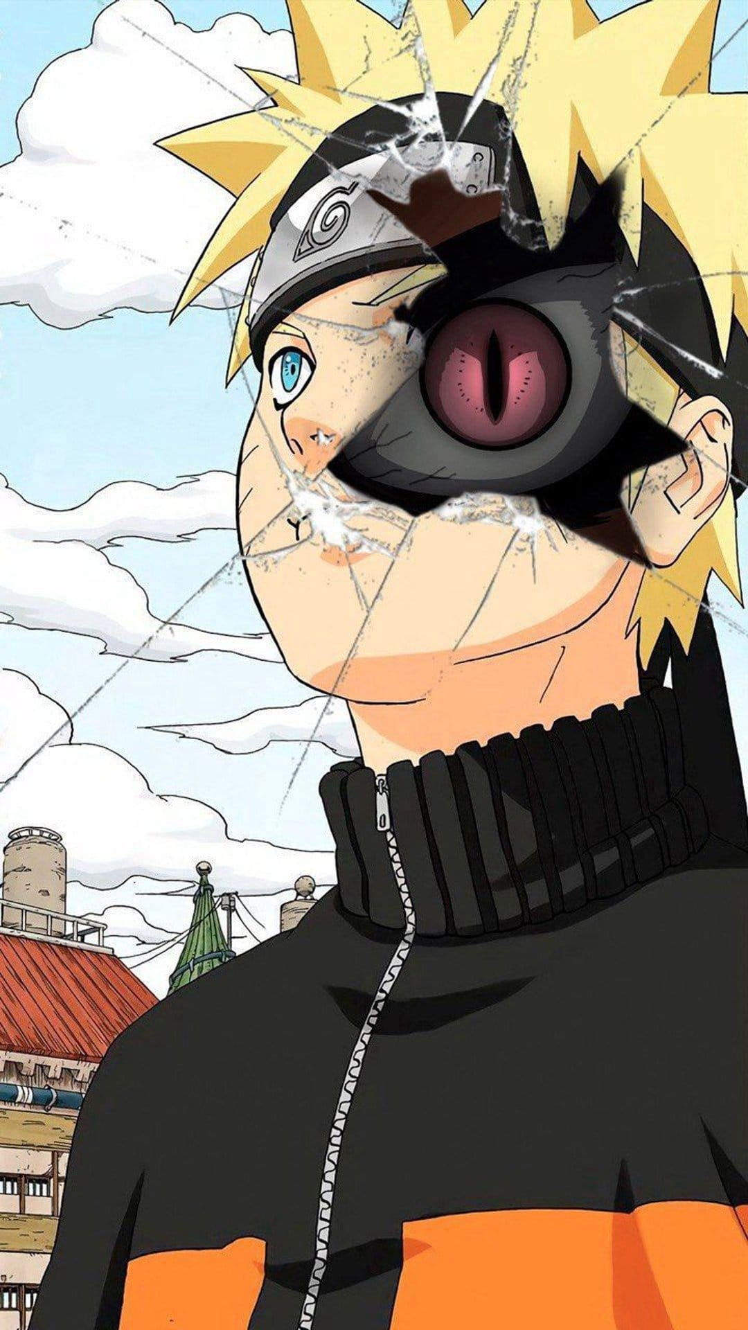 Naruto Uzumaki peers through shattered glass shards showing a yellow toad sage eye and his ninja headband.