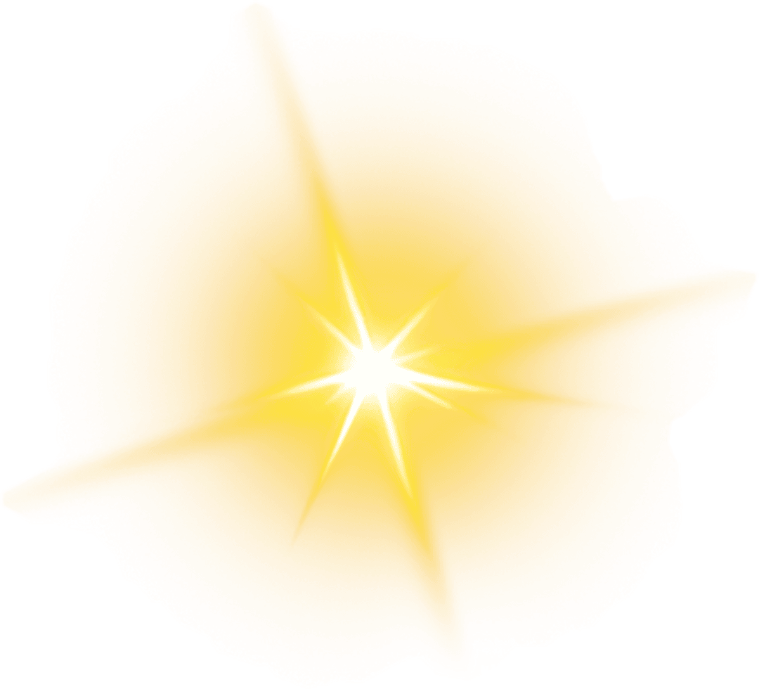 Yellow light burst with radiating golden sparks and luminous central flare on a transparent background.