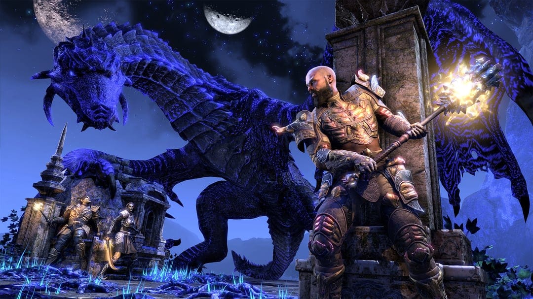 Giant blue dragon looming over a warrior in bronze armor holding a glowing staff under a starry night sky.
