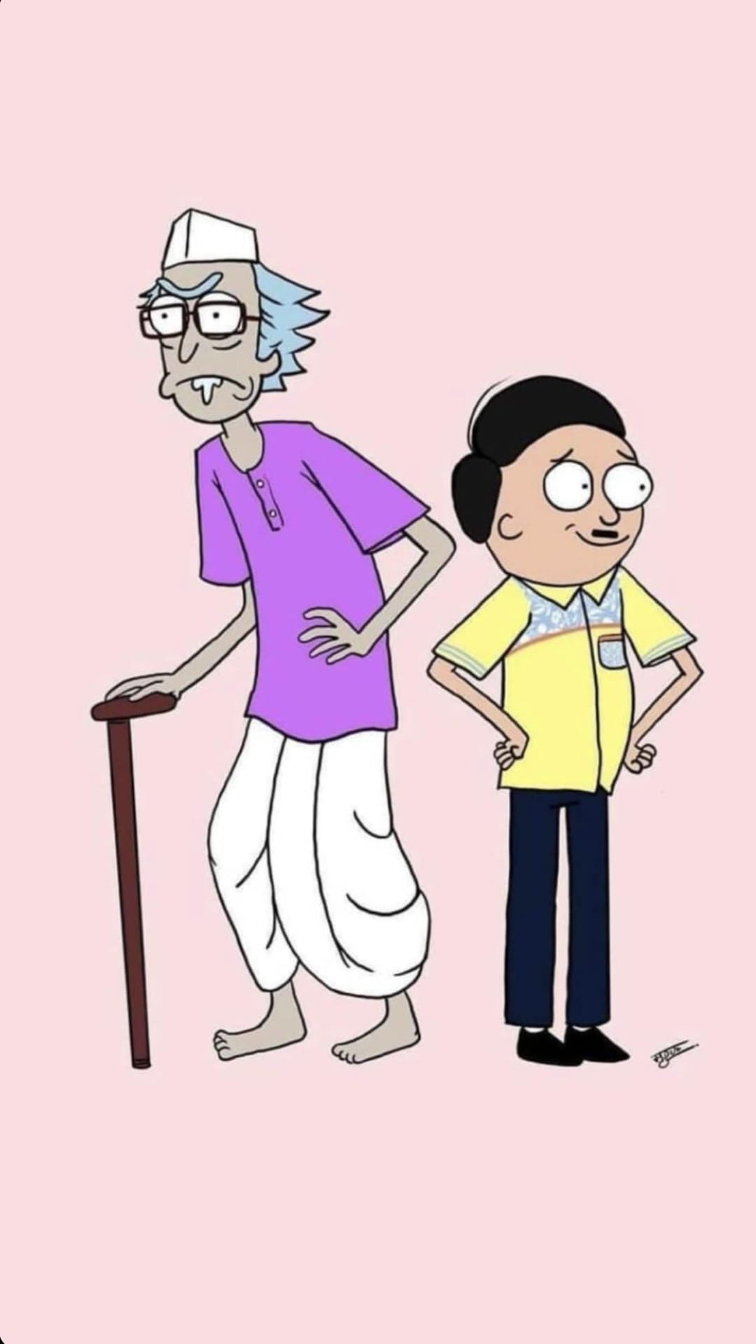 Rick Sanchez in a Gandhi cap and purple kurta stands beside Morty Smith against a pastel pink background.