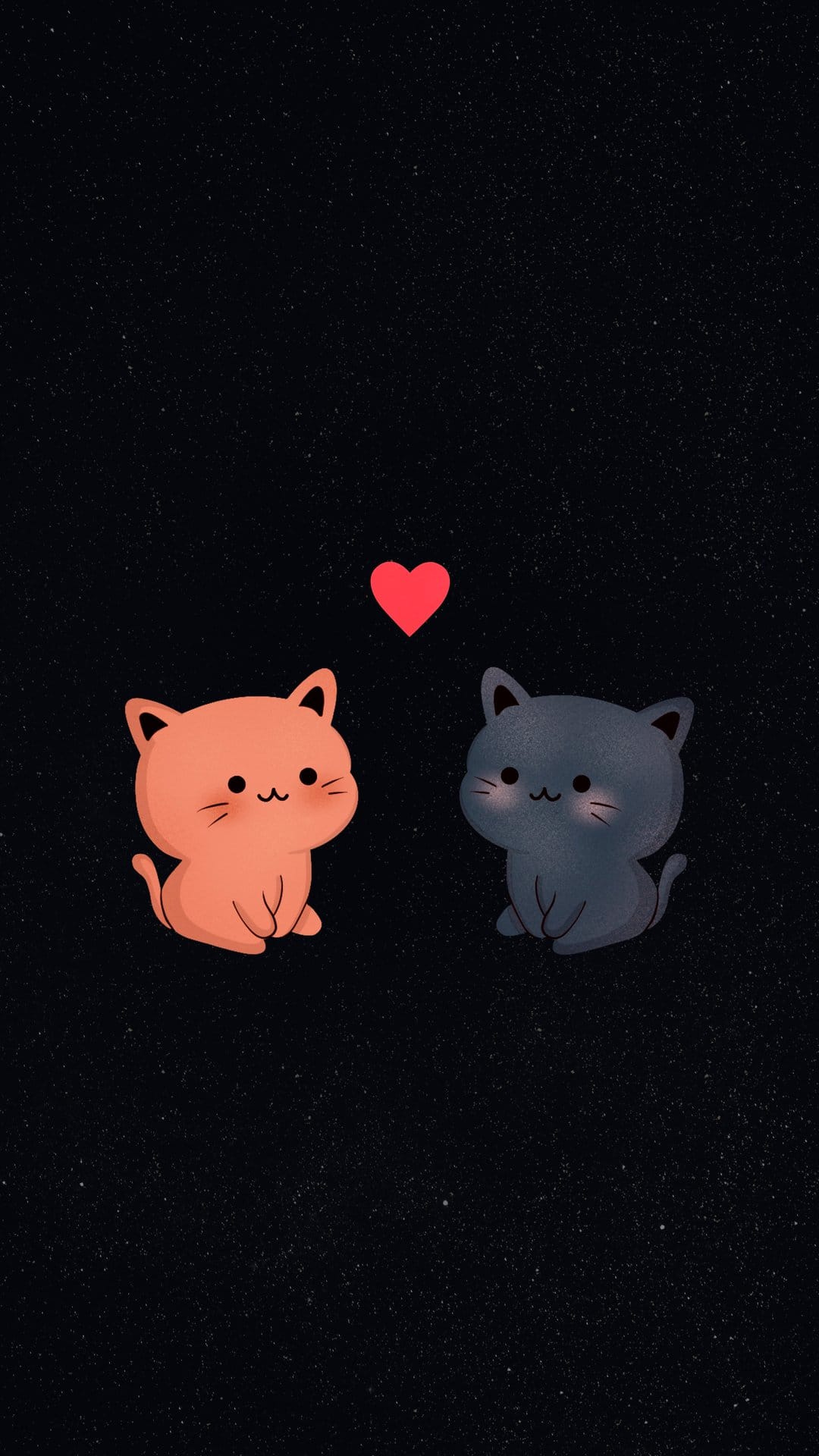 Orange and grey cats sit closely together beneath a floating red heart under a dark starry night sky.
