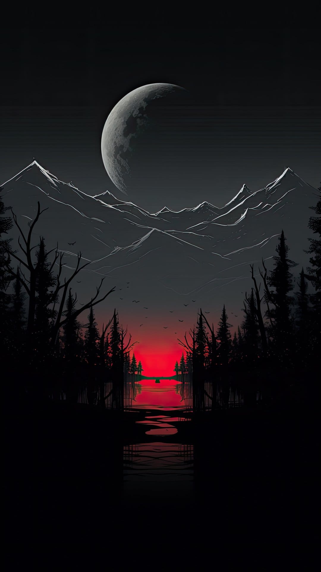 Large textured moon above snow-capped mountains and a pine forest reflecting a red sunset in a calm lake.