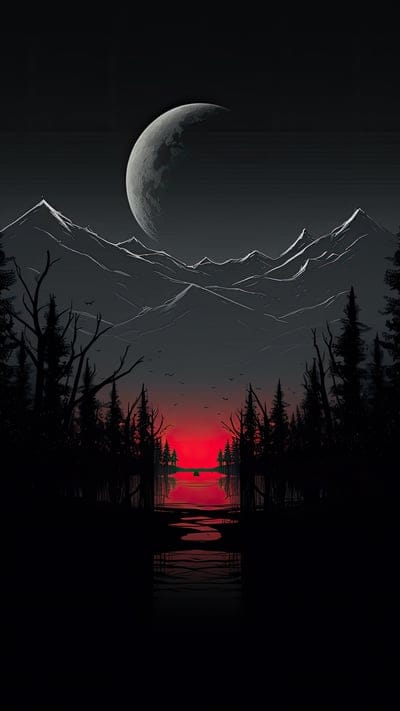 moon,mountains,river,trees,black,night,art