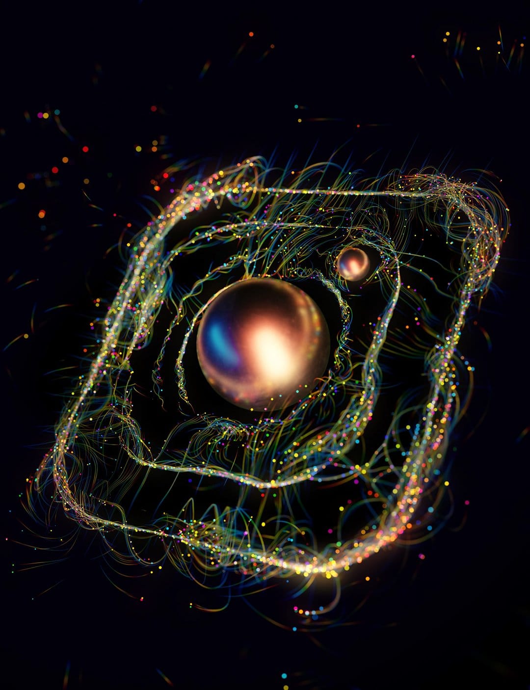 Instagram logo silhouette glowing amidst swirling amber and violet particles on a deep black background.