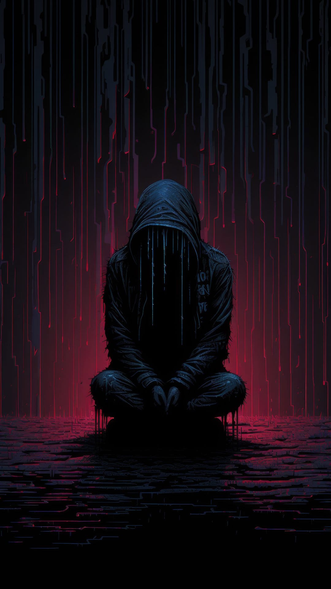 Hooded person in a cross-legged pose surrounded by cascading red digital rain against a dark background.