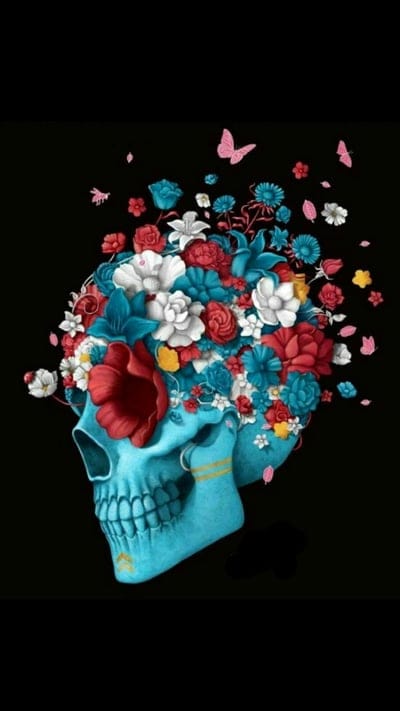 Blue Skull,bonito,blue,bright,colorful,flowers,red,skeleton,skull,skulls, white