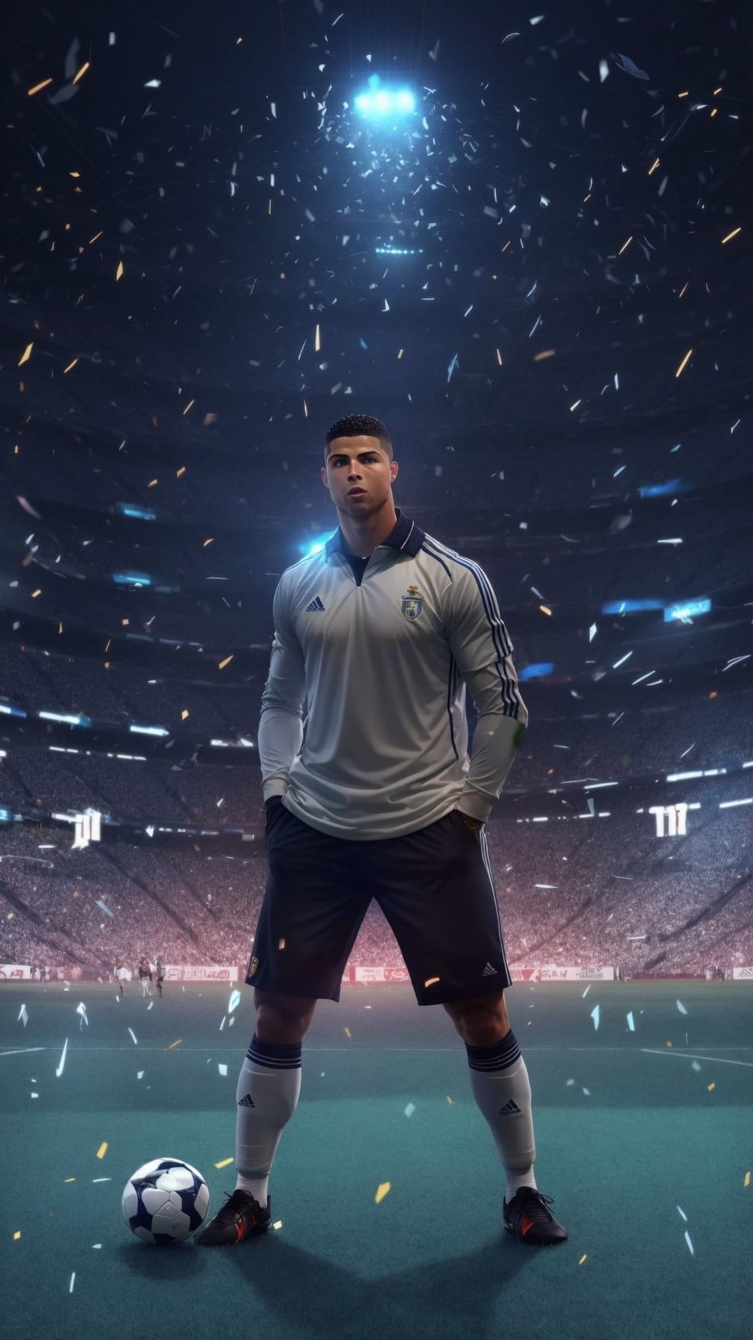 Cristiano Ronaldo stands on a soccer field with a ball during a celebration with falling confetti and arena lights.