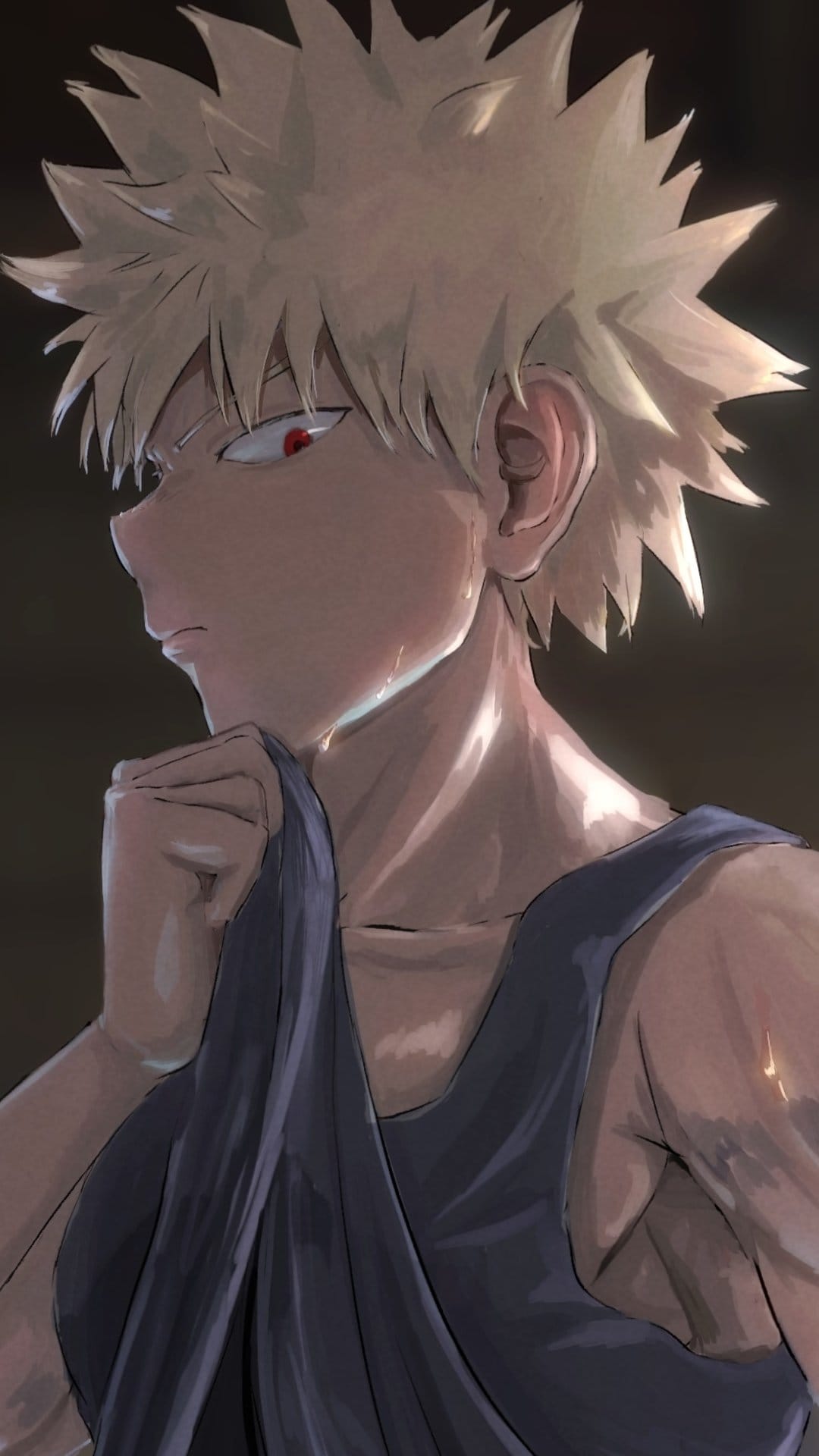 Bakugo Katsuki with spiky blond hair and red eyes pulls his shirt collar while looking away in emotional distress.