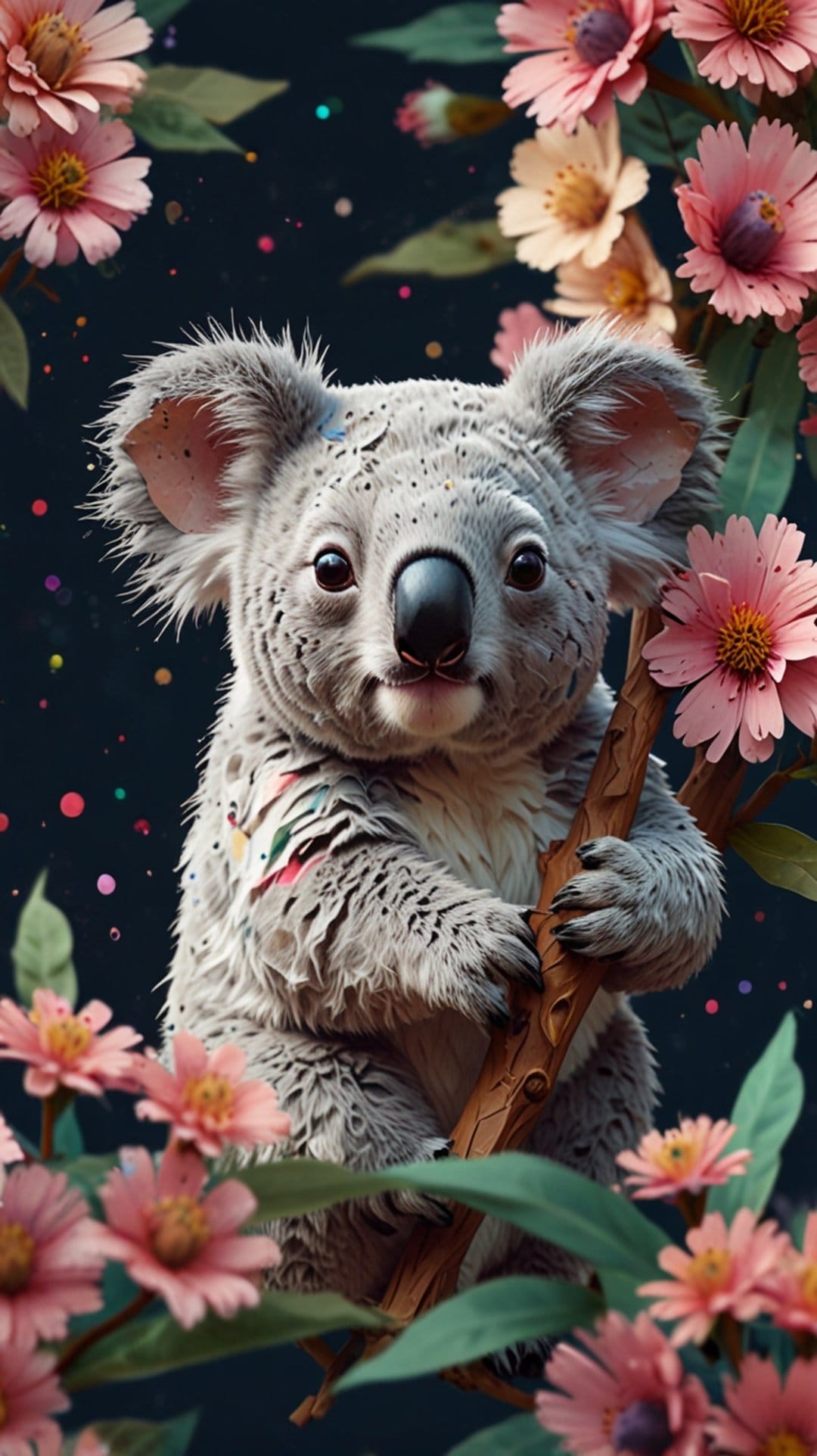 Fluffy koala clinging to a branch among pink flowers and glowing bokeh lights in a soft, dreamy forest scene.