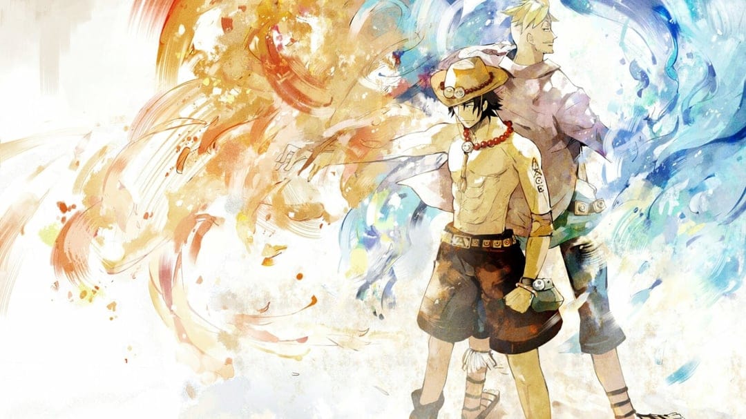 Portgas D. Ace stands beside Marco amidst swirling orange fire and blue phoenix feathers in a vertical layout.