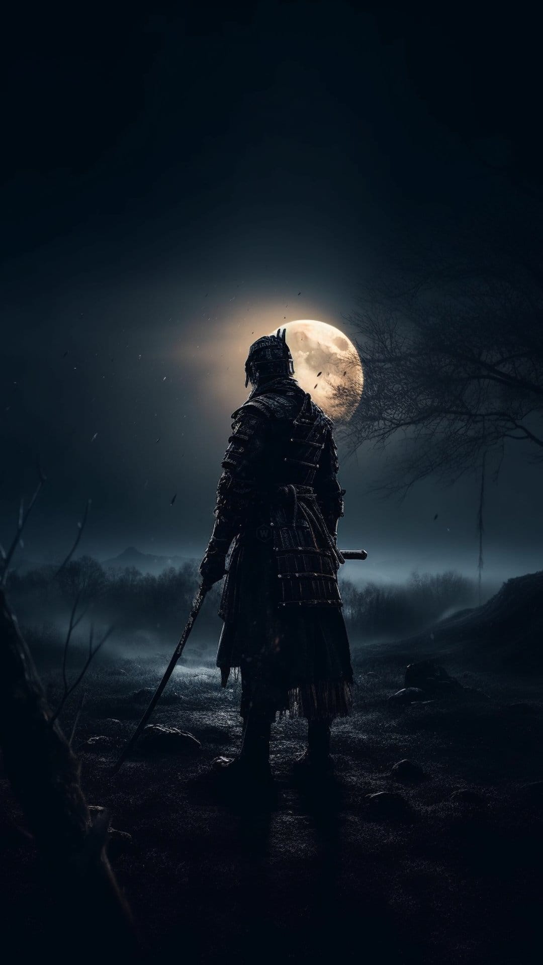 Samurai silhouette standing before a massive glowing full moon amidst misty mountain peaks and bare winter trees.
