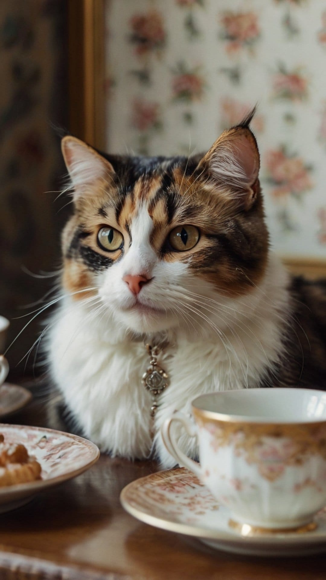 Calico cat with green eyes wearing a silver locket sits next to a floral porcelain teacup with gold trim.
