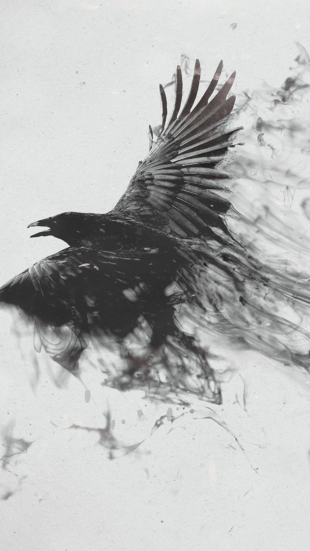 Raven in mid-flight with wings dissolving into dark wisps of smoke against a textured grey background.