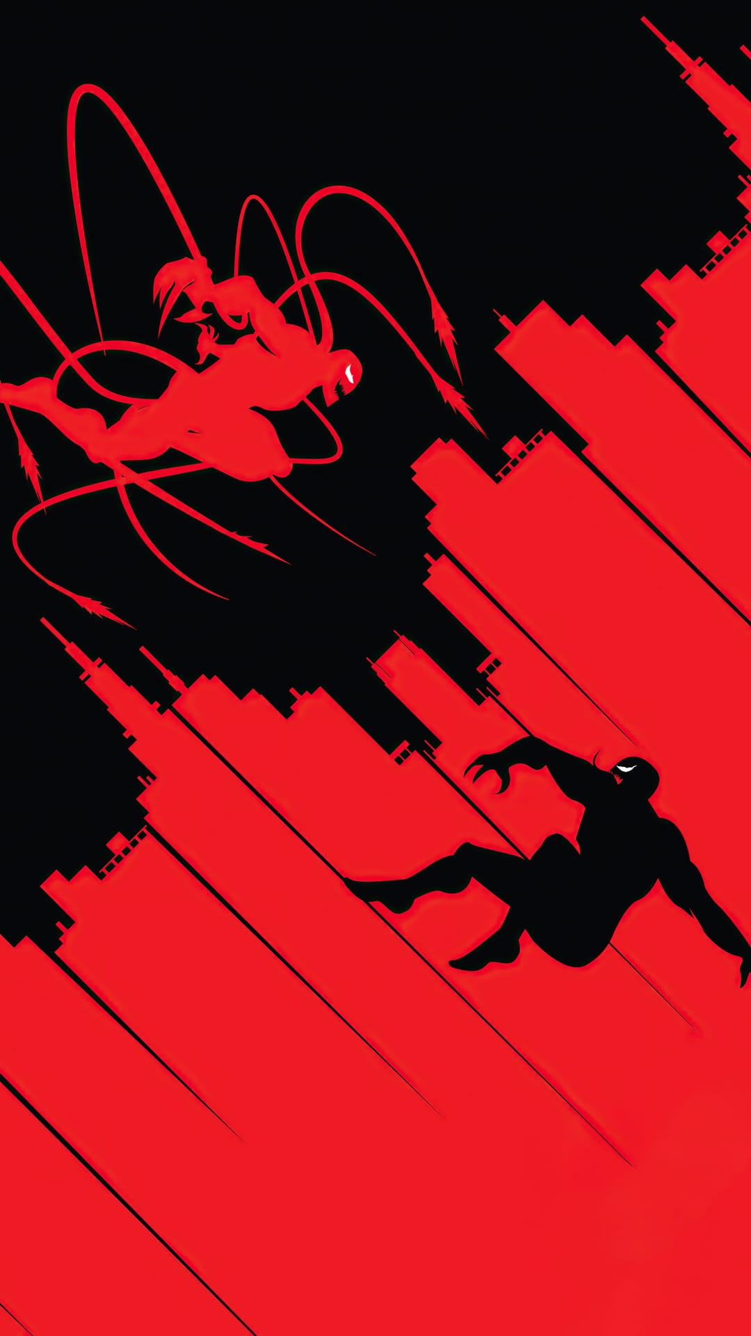 Venom and Spider-Man fight in front of a red sky and black city silhouette on this vertical screen background.