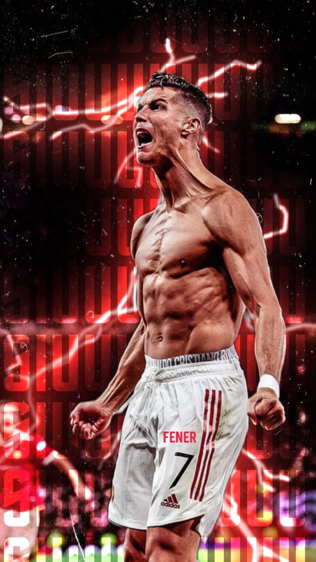 Cristiano Ronaldo flexes his torso during a victory celebration surrounded by striking red lightning bolts.