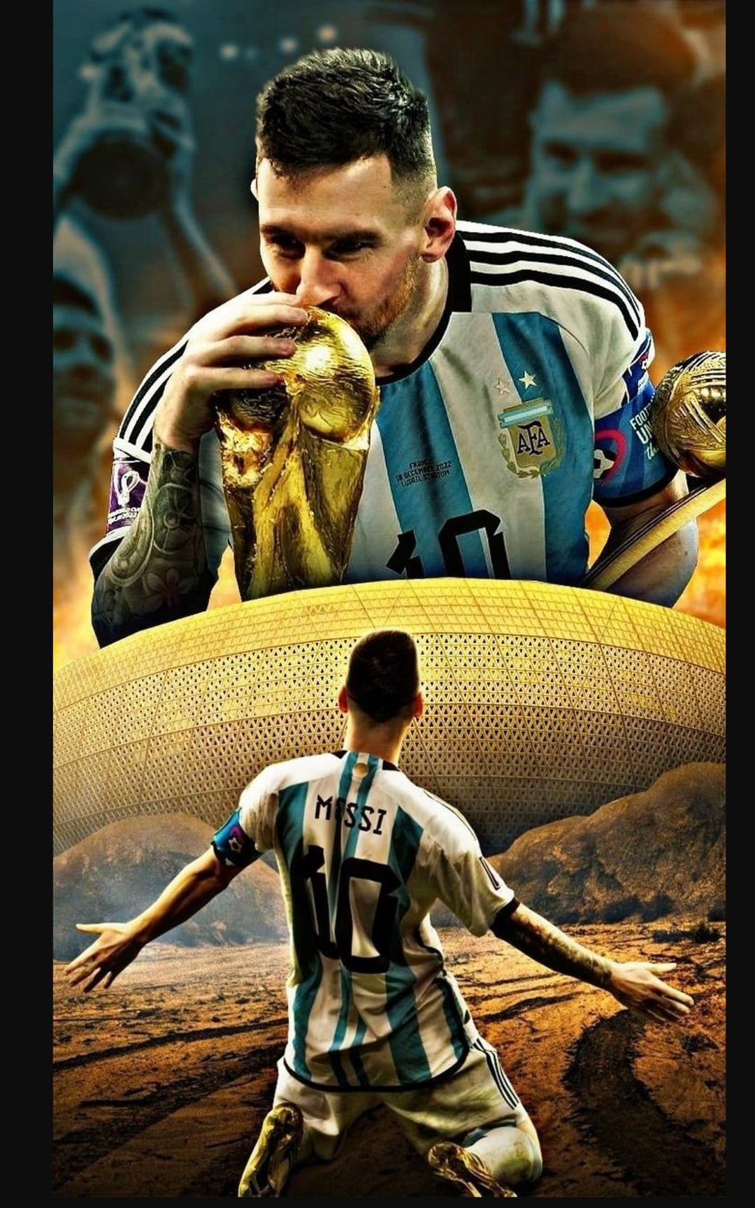 Lionel Messi kisses the gold World Cup trophy while wearing an Argentina jersey in a glowing stadium.