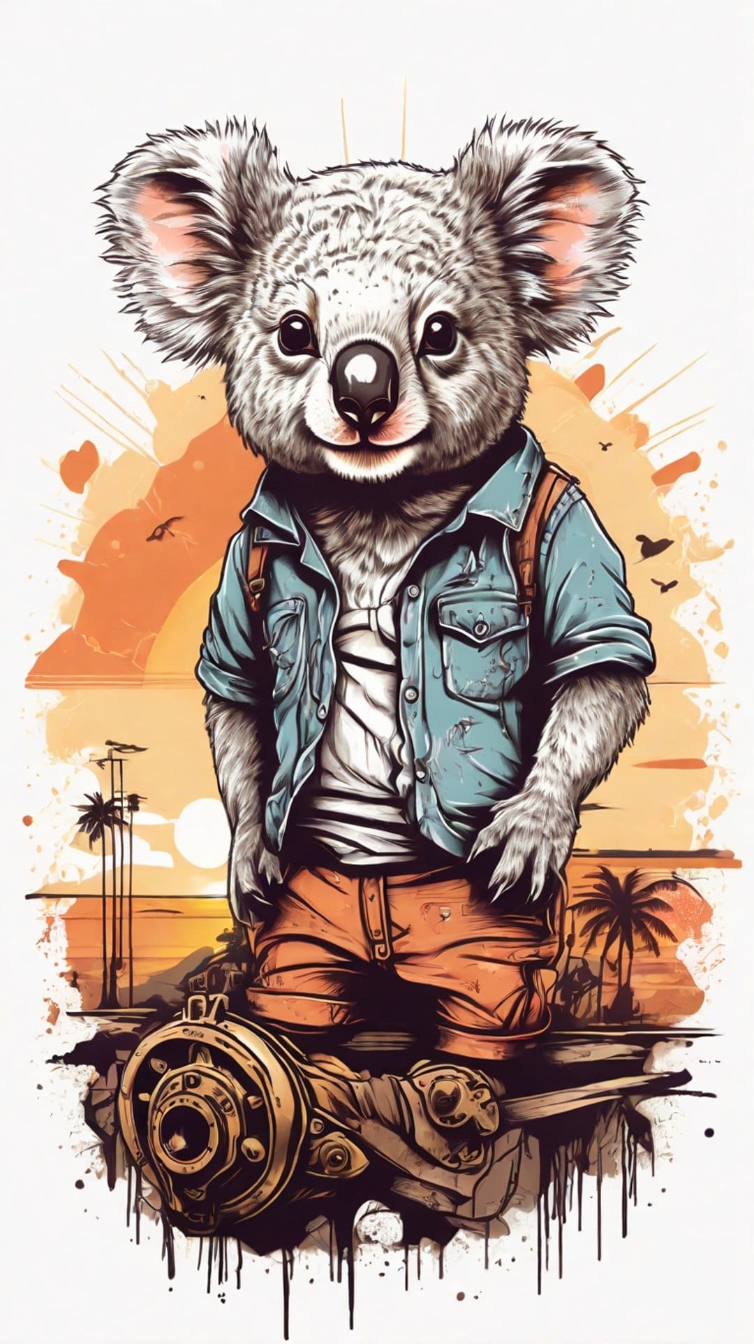 Koala wearing a denim jacket and orange shorts stands before a vibrant sunset with palm trees and mechanical base.