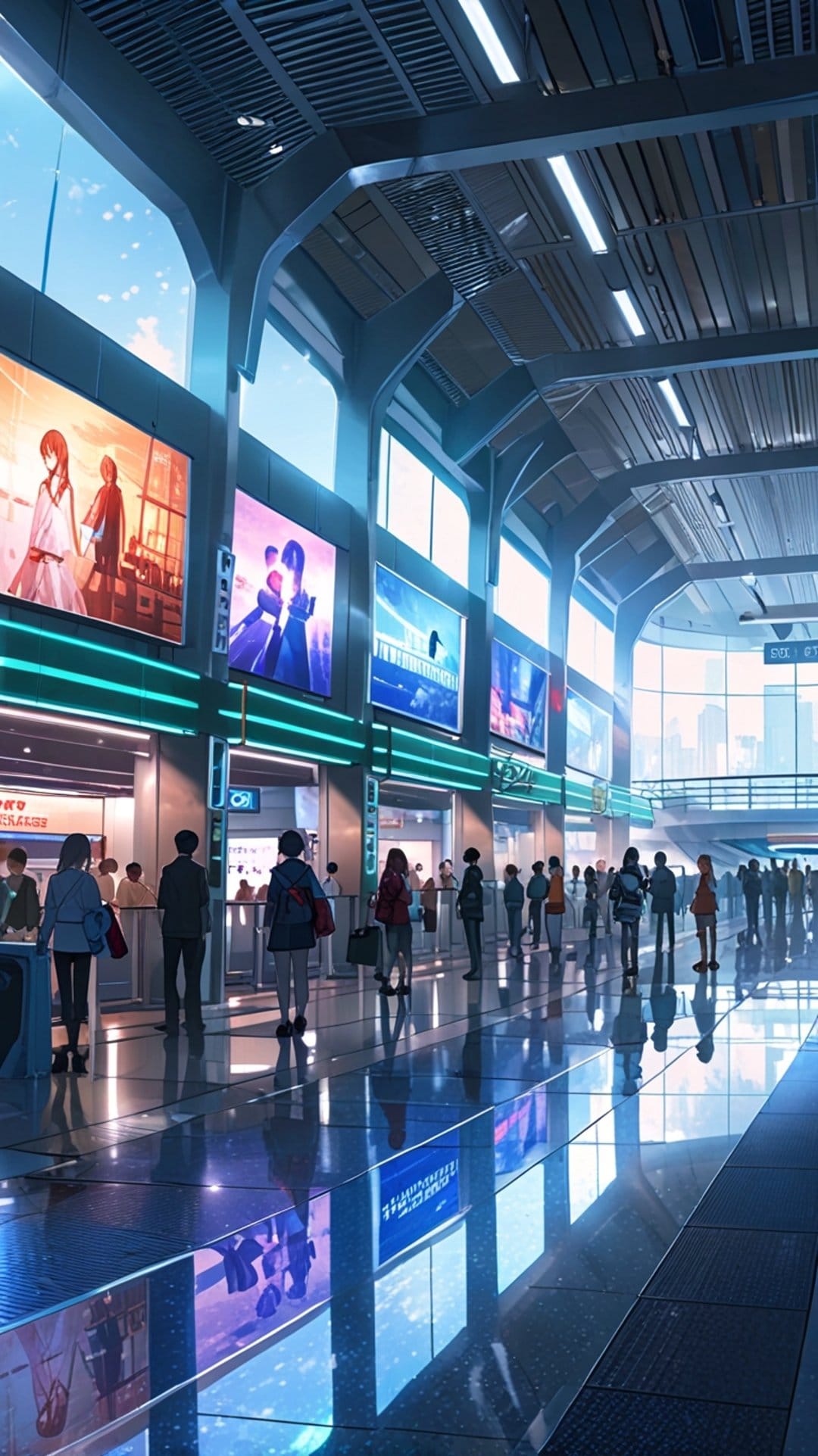 Dark silhouettes of travelers walk across a glossy floor beneath massive glowing screens in a futuristic station.