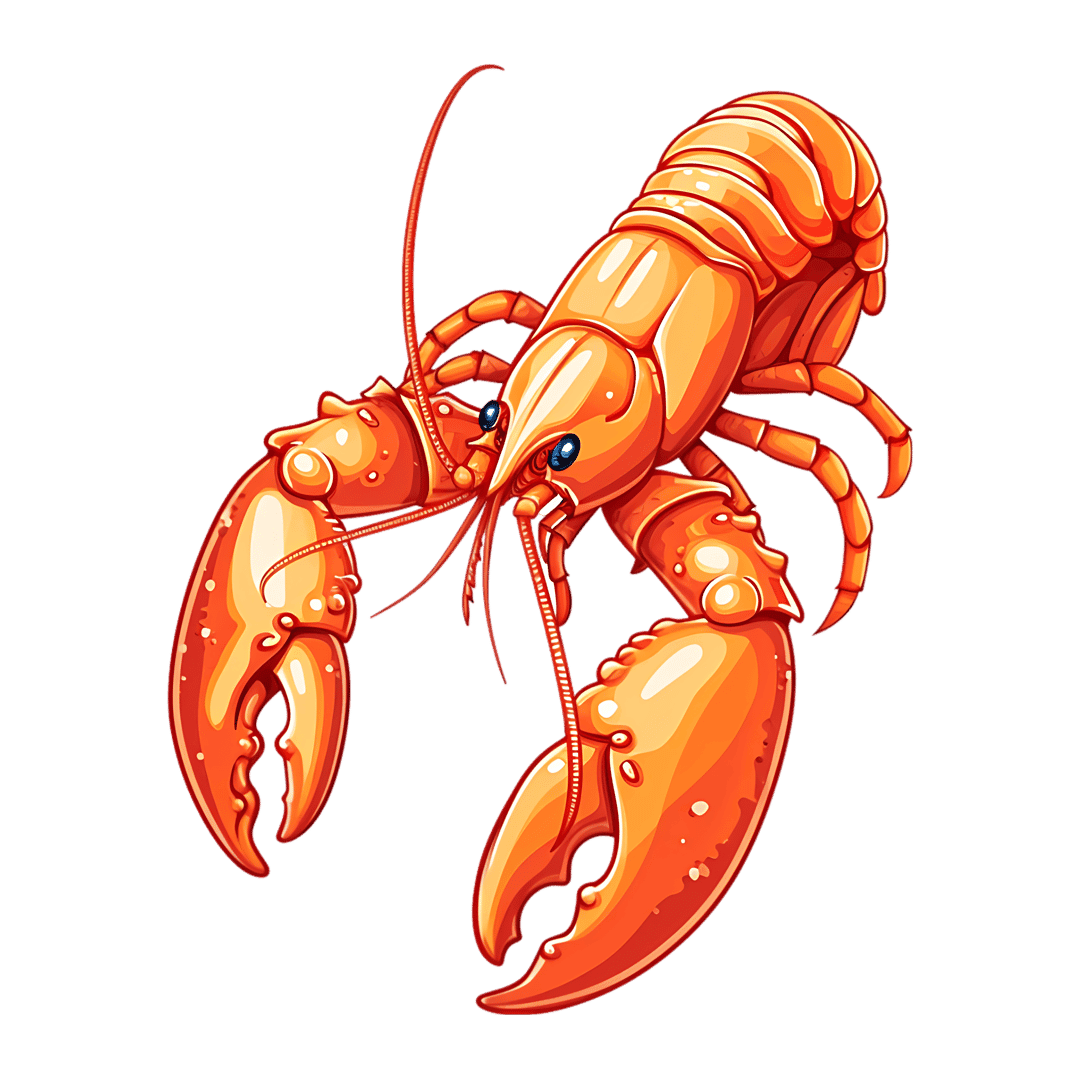Orange lobster illustration with glossy shell segments and raised claws against a high contrast background.