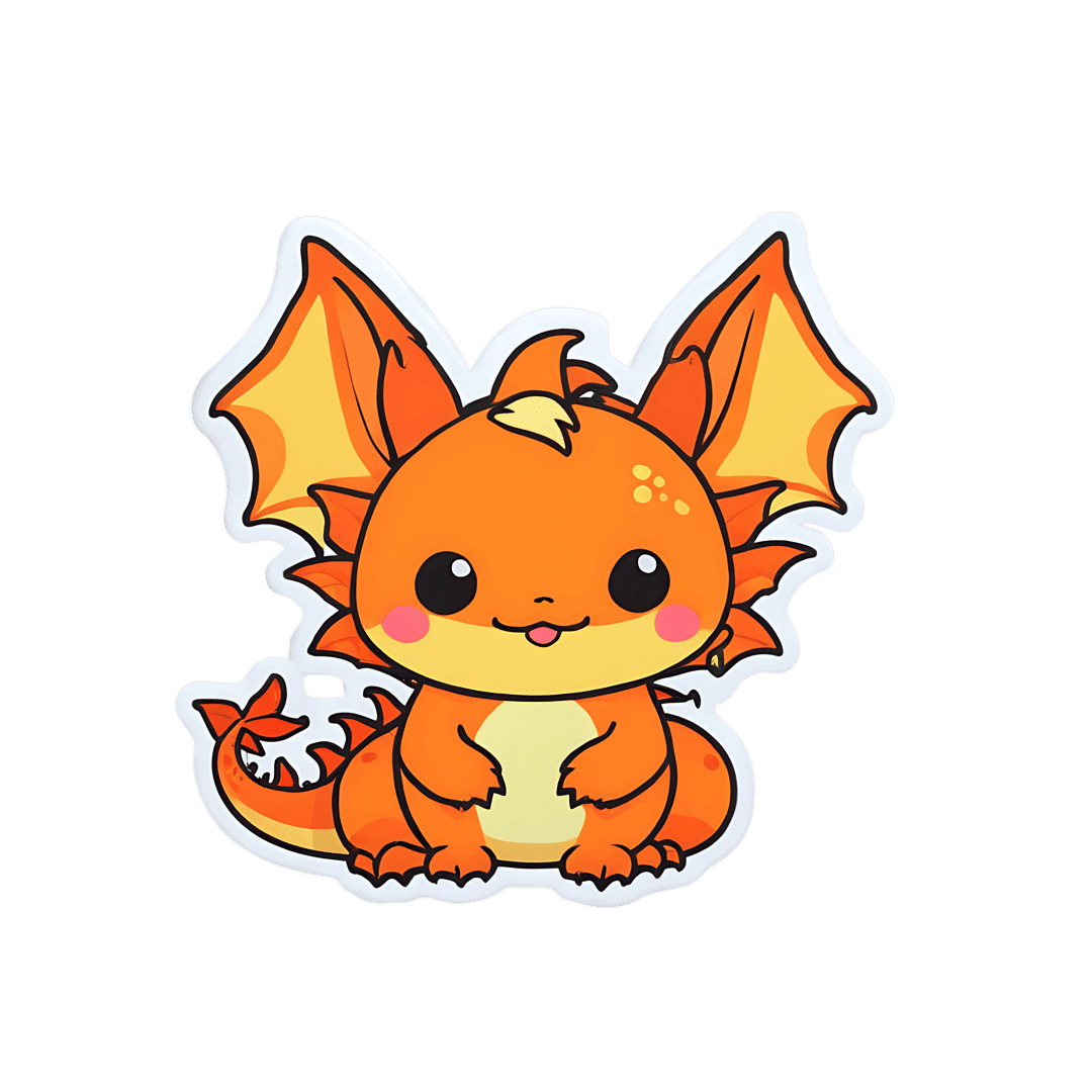 Orange dragon sticker featuring yellow wings and glossy black eyes isolated on a white die-cut border.