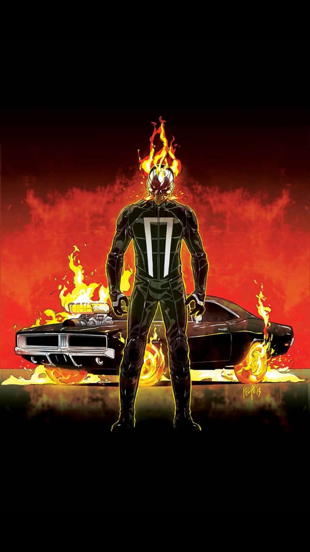 Robbie Reyes as Ghost Rider with a flaming skull stands by a black car engulfed in orange and red hellfire.