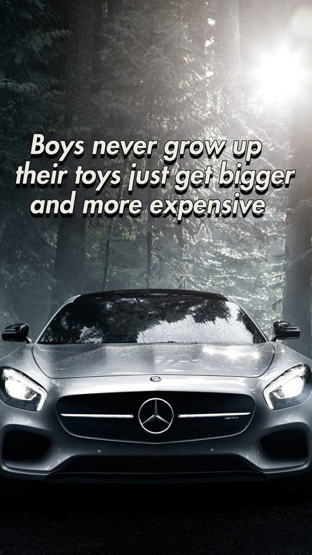 Mercedes-Benz car parked beneath bold white text featuring a quote about expensive toys on a vertical layout.