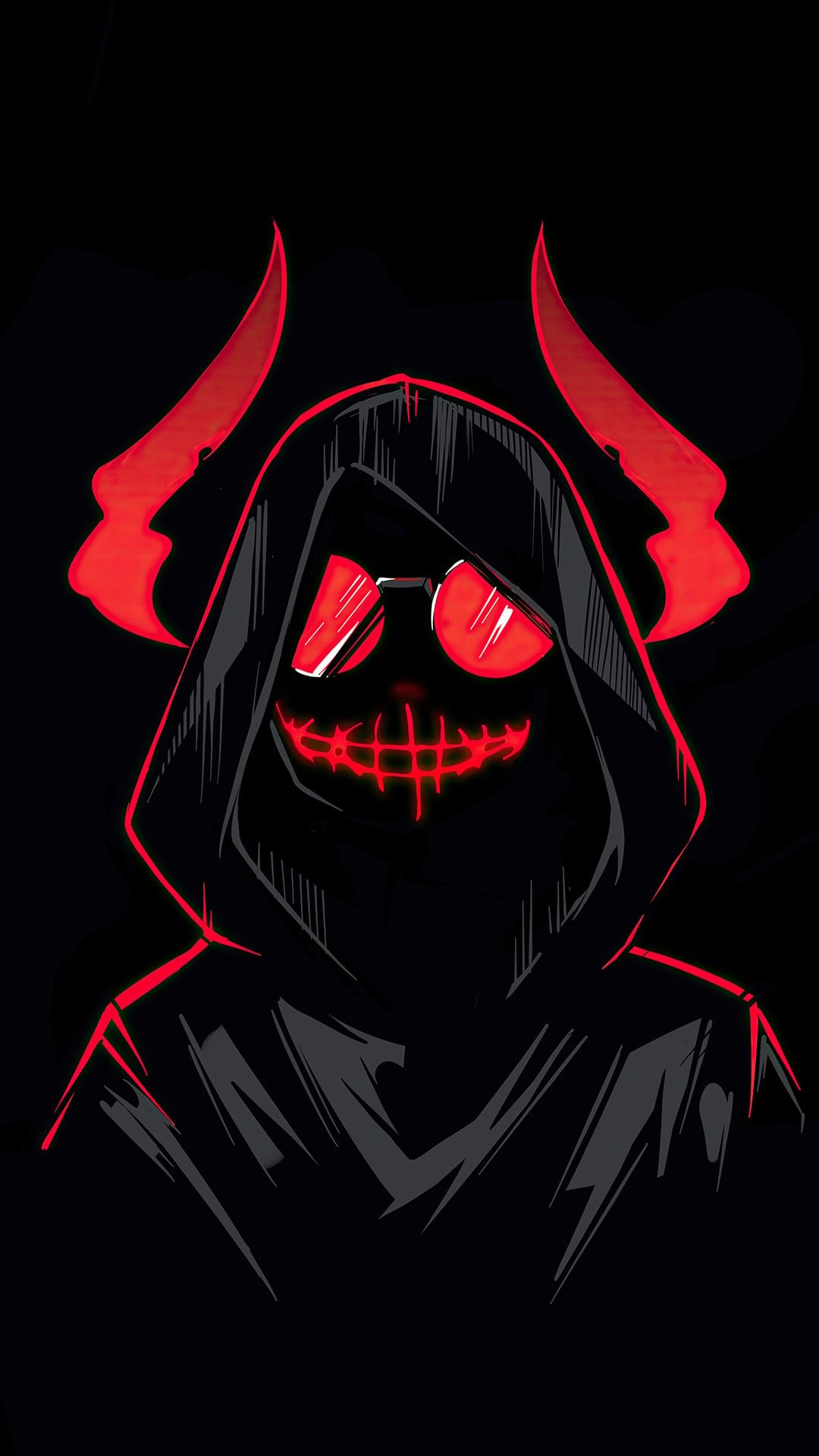 Hooded figure with glowing red devil horns, sunglasses, and a stitched mouth set against a black background.