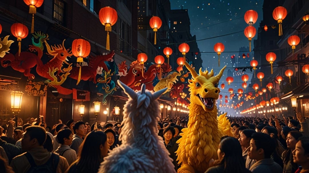 Ceremonial dragon mascot weaves through glowing red lanterns and festive crowds in a Chinatown night scene.