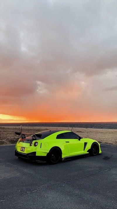 GTR sunset, nissan, gtr, green, car, supercar sports, america, sunset, carbon, mobile wallpaper, android wallpaper, iPhone wallpaper, phone wallpaper